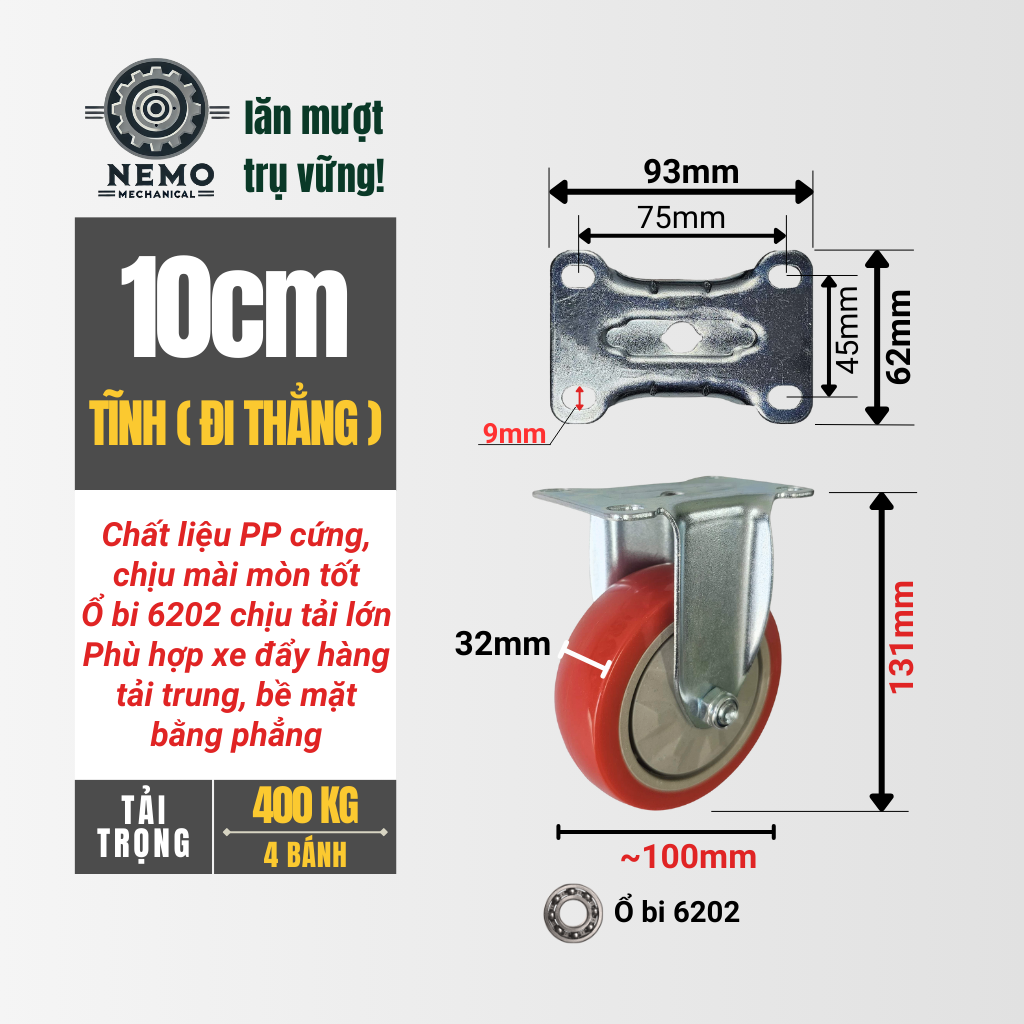 Bánh Xe PP Đỏ Cao Cấp – Nhựa Kỹ Thuật, Ổ Bi 6202 Chịu Tải (D75, D100)
